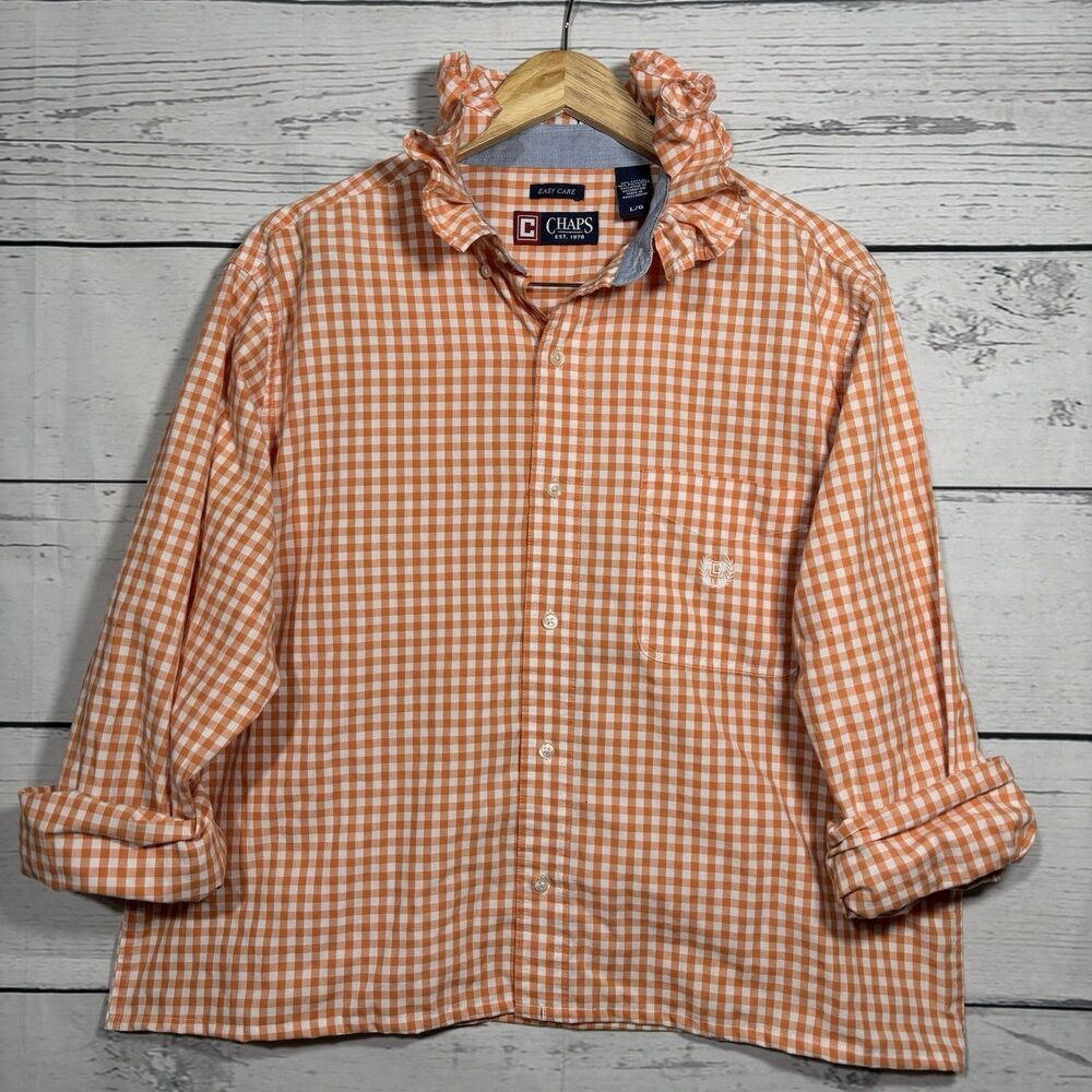 Upcycled Orange Gingham Check Ruffle Collar Oxford Shirt Womens Preppy VIRAL